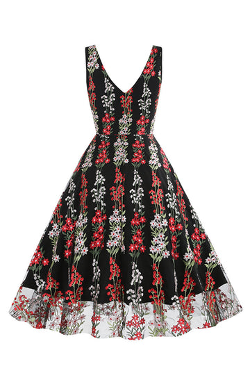Elegante vestido vintage sin mangas bordado de encaje floral negro